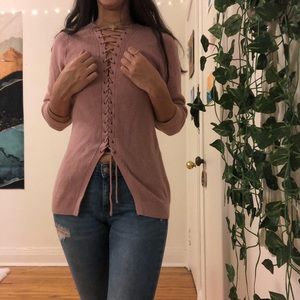 Lace-Up Front Pink Knot Sweater